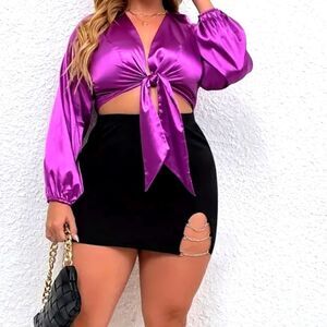 Plus Solid High Rise Cut Out Chain Decor Bodycon Mini Skirt Sz 2X
